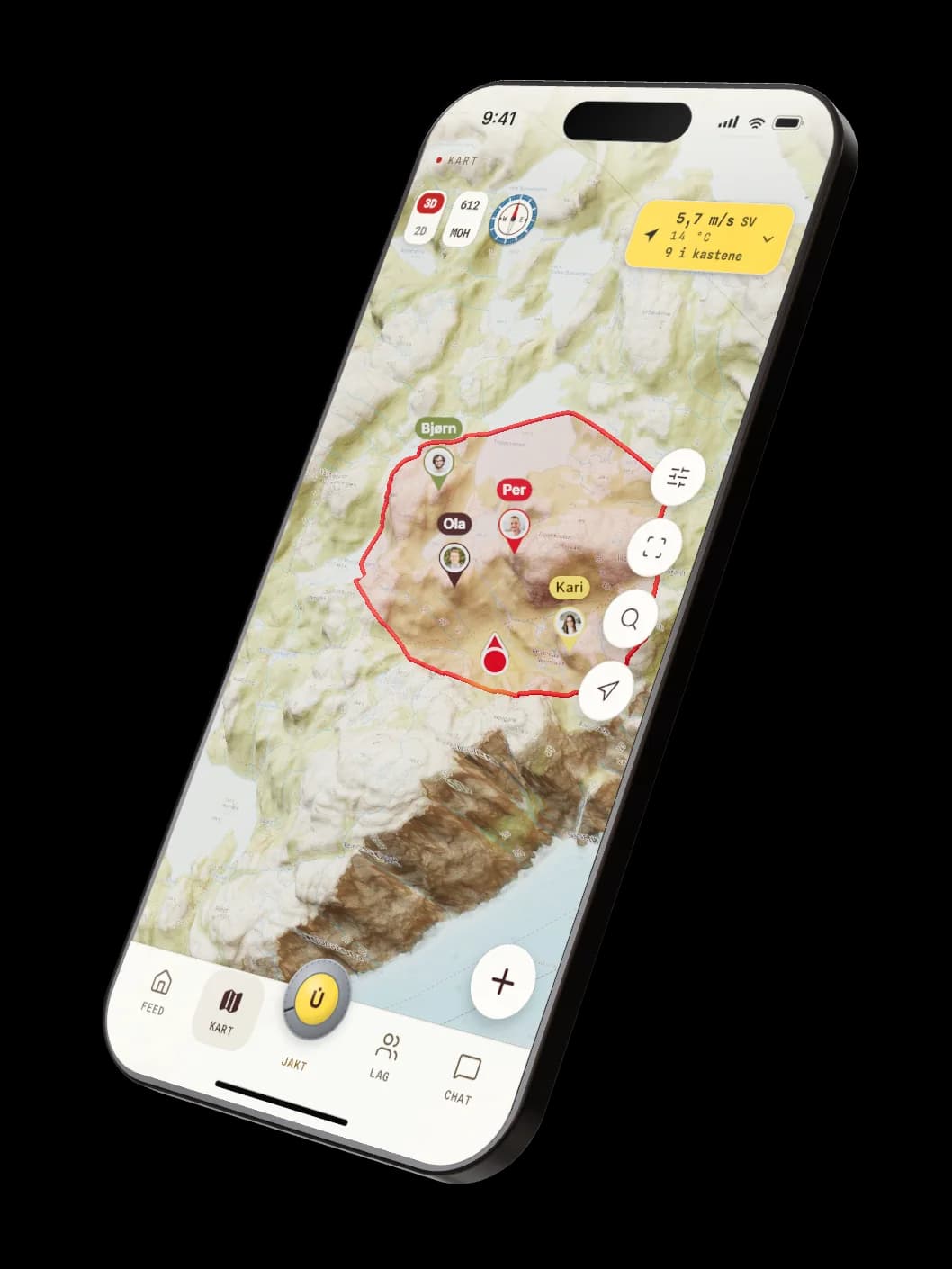 Hunta-appen på en telefon i 3D: kartfanen over terrenget ved Lysefjorden, med jaktfeltet, laget på kartet og vindretning