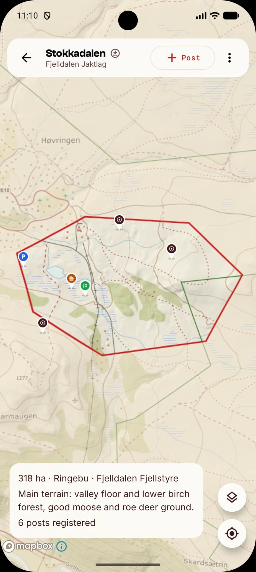 Hunta-appen med valgt eiendom som snapper til eiendomsgrensene, 2278 dekar